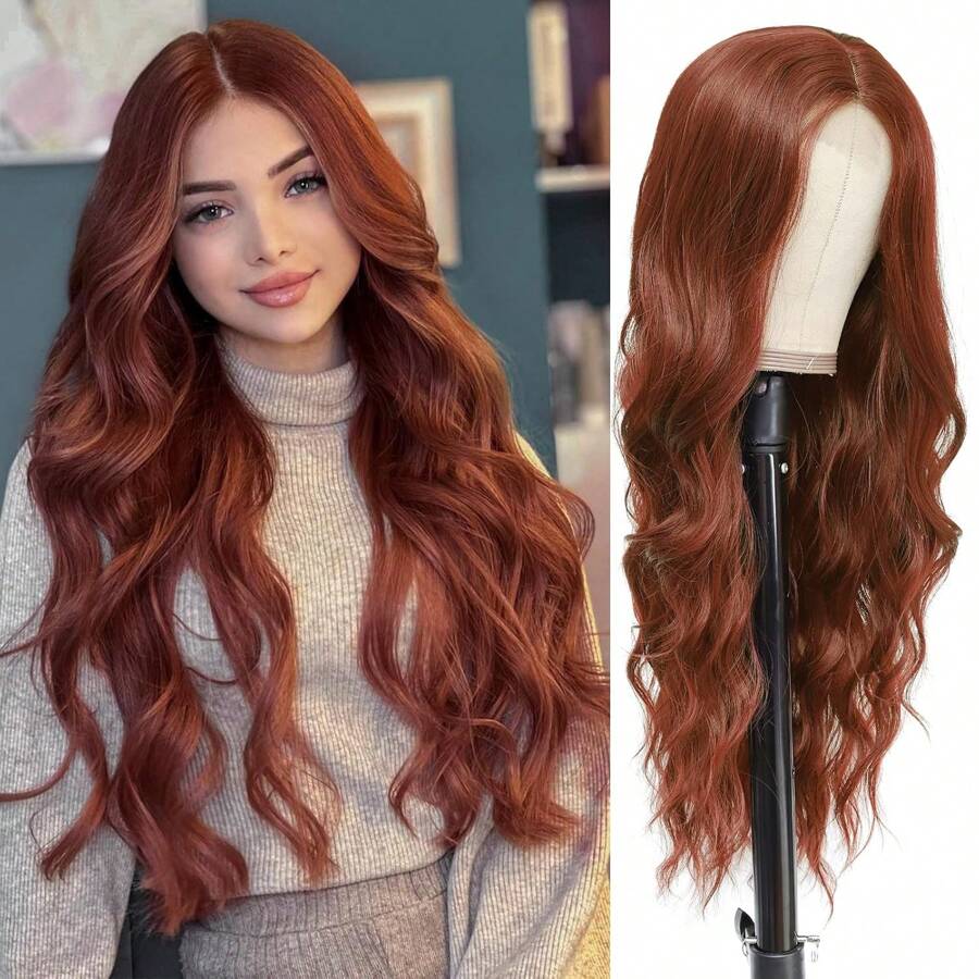 Auburn Wig For Women Long Auburn Wavy Wigs For Women Natural Looking Cooper Red Wig Heat Resistant Synthetic Hair Wig Middle Part Cooper Red Curly Wig For Daily Party Use - Gừng Nâu - Xem 1
