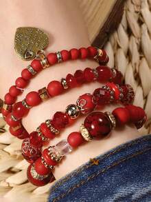 Bộ 4 chiếc/Bộ mặt dây chuyền hình trái tim Bohemian nhiều lớp vòng tay đàn hồi hạt - vòng tay đính cườm - Xem 4