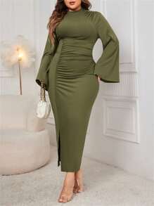 Women Autumn Long Fitted Dress Long Sleeve Round Neck Split Hem Solid Color Plus Size Dress - Green - View 5