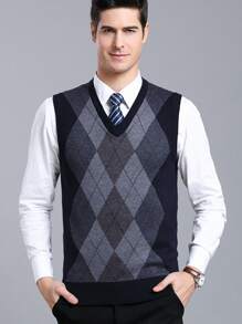 Men Argyle Pattern Sweater Vest Without Shirt - Navy Blue - View 1