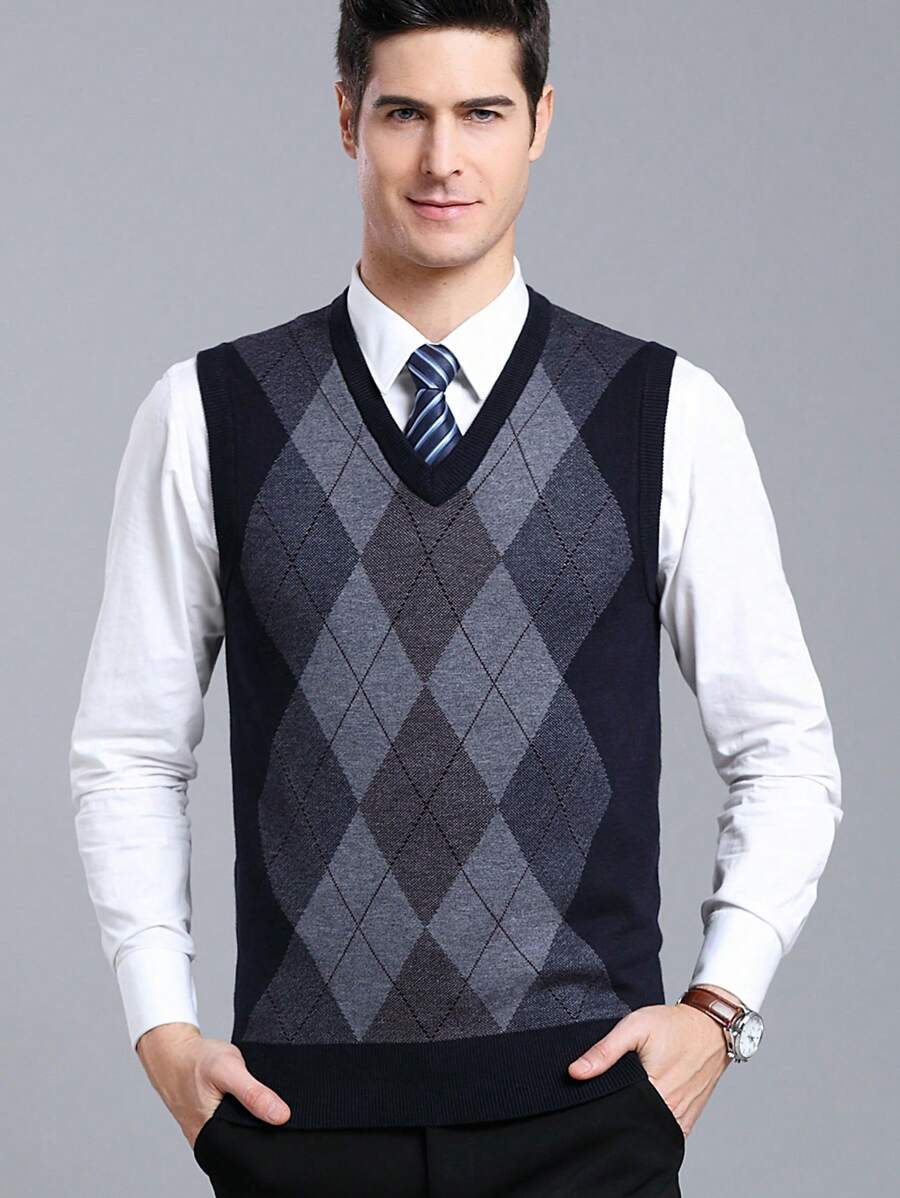 Men Argyle Pattern Sweater Vest Without Shirt - Navy Blue - View 1