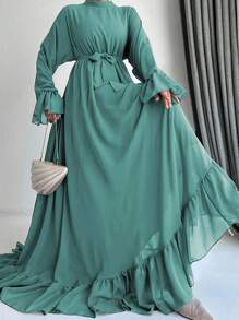 Muslim Style Tie Front Ruffle Hem Long Sleeve Dress - Cadet Blue - View 1