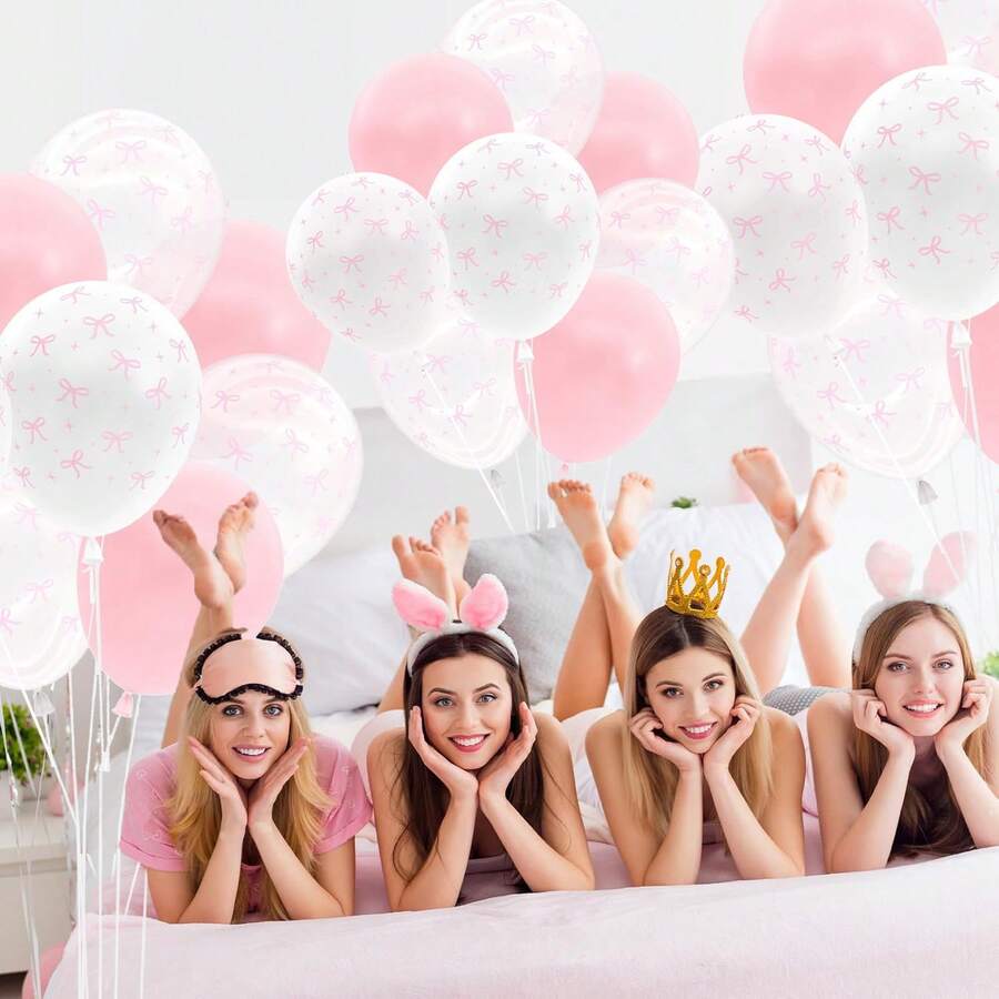 粉色蝴蝶结气球 12 英寸粉色蝴蝶结派对装饰、主题生日派对装饰、可爱单身新娘订婚用品 款式随机 - 彩色 - 查看 1