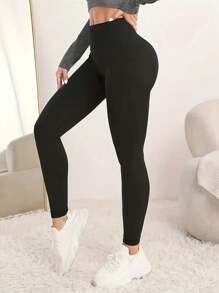 Women Will Bring You Solid Color High Waist Tight Sports Yoga Leggings - Black - View 3