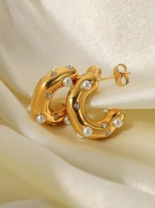 1 Cặp Hoa tai Rhinestone màu sang trọng, Cubic Zirconia kết cấu búa bất đối xứng & Hoa tai hình chữ C trang trí bằng ngọc trai, Quà tặng ngày lễ cho nam và nữ - phong cách ngọc trai - Xem 11