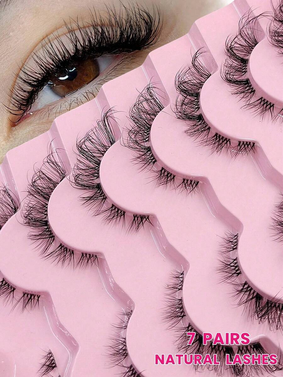 Asiteo 7 Pairs Natural Long With Clear Band False Eyelashes Fluffy And Wispy Faux Mink Lashes Extensions Makeup Reusable - 黑色 - 查看 1