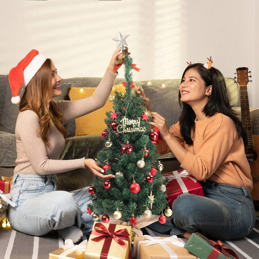SUNROAD 36" Mini Tabletop Artificial Christmas Tree With Fabric Base For Bedroom Desk Porch, Small Xmas Tree With 100 Branches For Home Office Shop Holiday Decoration, Green - 綠色 - 查看 1