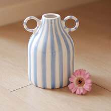 1 pieza Jarrón de cerámica con rayas pintadas a mano de estilo sencillo y flores, decoración para arreglos florales de mesa, decoración del hogar, cocina, boda, mesa, oficina, jardín y exteriores