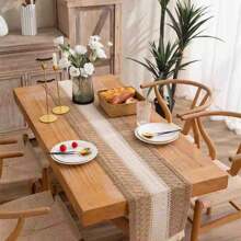 1pc Bohemian Lace Tablecloth - 30 X 180 Cm, Patchwork Coarse Linen Farmhouse Tablecloth With Tassels, Suitable For Bohemian Country Wedding, Bridal Shower, Dinner (Brown And White) Shape Long Dining Mat (30 X 50 Cm) (30 X 120 Cm) (30 X 180 Cm) (30 X 240 Cm) (30 X 300 Cm) - Multicolor - View 5