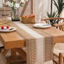 1pc Bohemian Lace Tablecloth - 30 X 180 Cm, Patchwork Coarse Linen Farmhouse Tablecloth With Tassels, Suitable For Bohemian Country Wedding, Bridal Shower, Dinner (Brown And White) Shape Long Dining Mat (30 X 50 Cm) (30 X 120 Cm) (30 X 180 Cm) (30 X 240 Cm) (30 X 300 Cm) - Multicolor - View 1