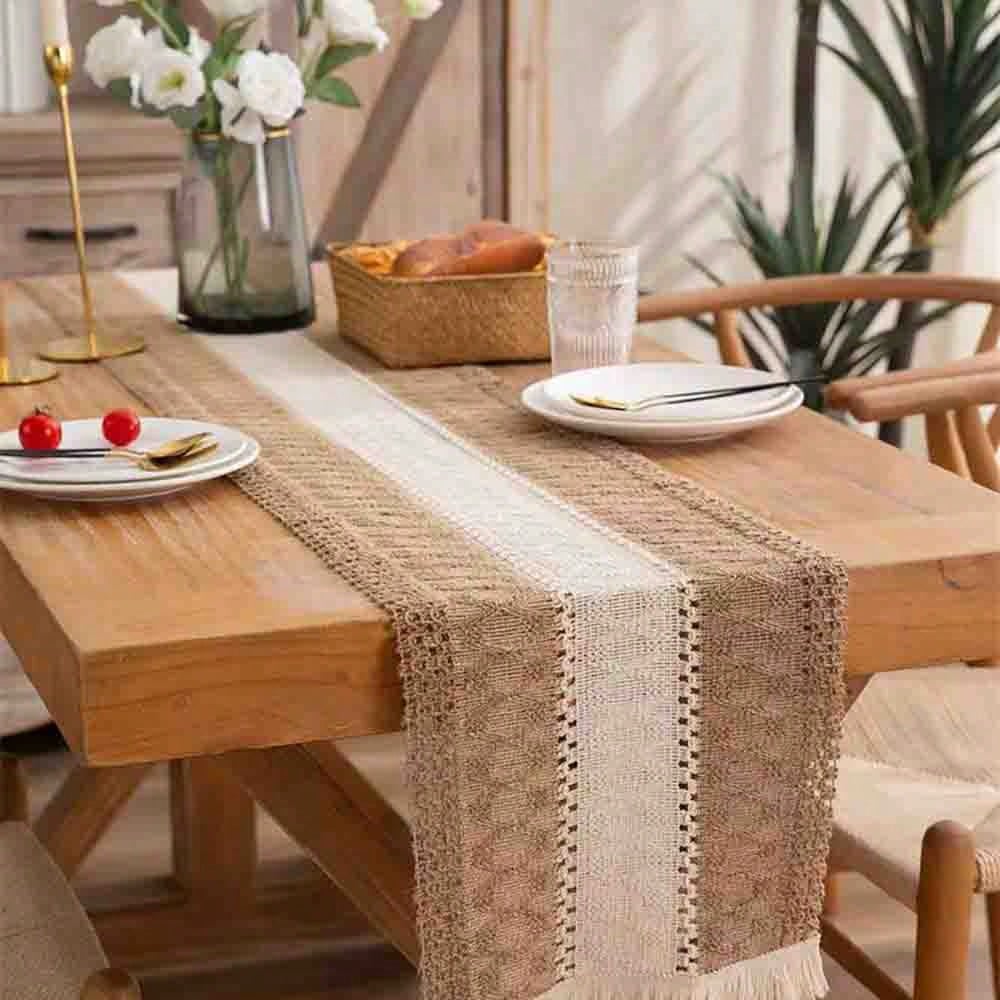 1pc Bohemian Lace Tablecloth - 30 X 180 Cm, Patchwork Coarse Linen Farmhouse Tablecloth With Tassels, Suitable For Bohemian Country Wedding, Bridal Shower, Dinner (Brown And White) Shape Long Dining Mat (30 X 50 Cm) (30 X 120 Cm) (30 X 180 Cm) (30 X 240 Cm) (30 X 300 Cm) - Multicolor - View 1