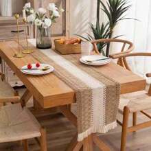 1pc Bohemian Lace Tablecloth - 30 X 180 Cm, Patchwork Coarse Linen Farmhouse Tablecloth With Tassels, Suitable For Bohemian Country Wedding, Bridal Shower, Dinner (Brown And White) Shape Long Dining Mat (30 X 50 Cm) (30 X 120 Cm) (30 X 180 Cm) (30 X 240 Cm) (30 X 300 Cm) - Multicolor - View 4
