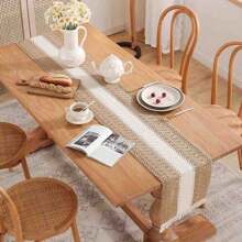 1pc Bohemian Lace Tablecloth - 30 X 180 Cm, Patchwork Coarse Linen Farmhouse Tablecloth With Tassels, Suitable For Bohemian Country Wedding, Bridal Shower, Dinner (Brown And White) Shape Long Dining Mat (30 X 50 Cm) (30 X 120 Cm) (30 X 180 Cm) (30 X 240 Cm) (30 X 300 Cm) - Multicolor - View 3
