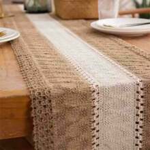 1pc Bohemian Lace Tablecloth - 30 X 180 Cm, Patchwork Coarse Linen Farmhouse Tablecloth With Tassels, Suitable For Bohemian Country Wedding, Bridal Shower, Dinner (Brown And White) Shape Long Dining Mat (30 X 50 Cm) (30 X 120 Cm) (30 X 180 Cm) (30 X 240 Cm) (30 X 300 Cm) - Multicolor - View 7