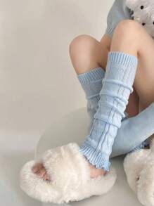 1双女士保暖清新蓝色爱心图案腿套，舒适 - 藍色 - 查看 4