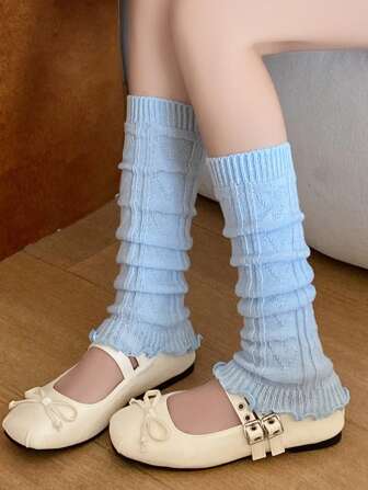 1pair Women's Warm Fresh Blue Heart Pattern Leg Warmers, Cozy