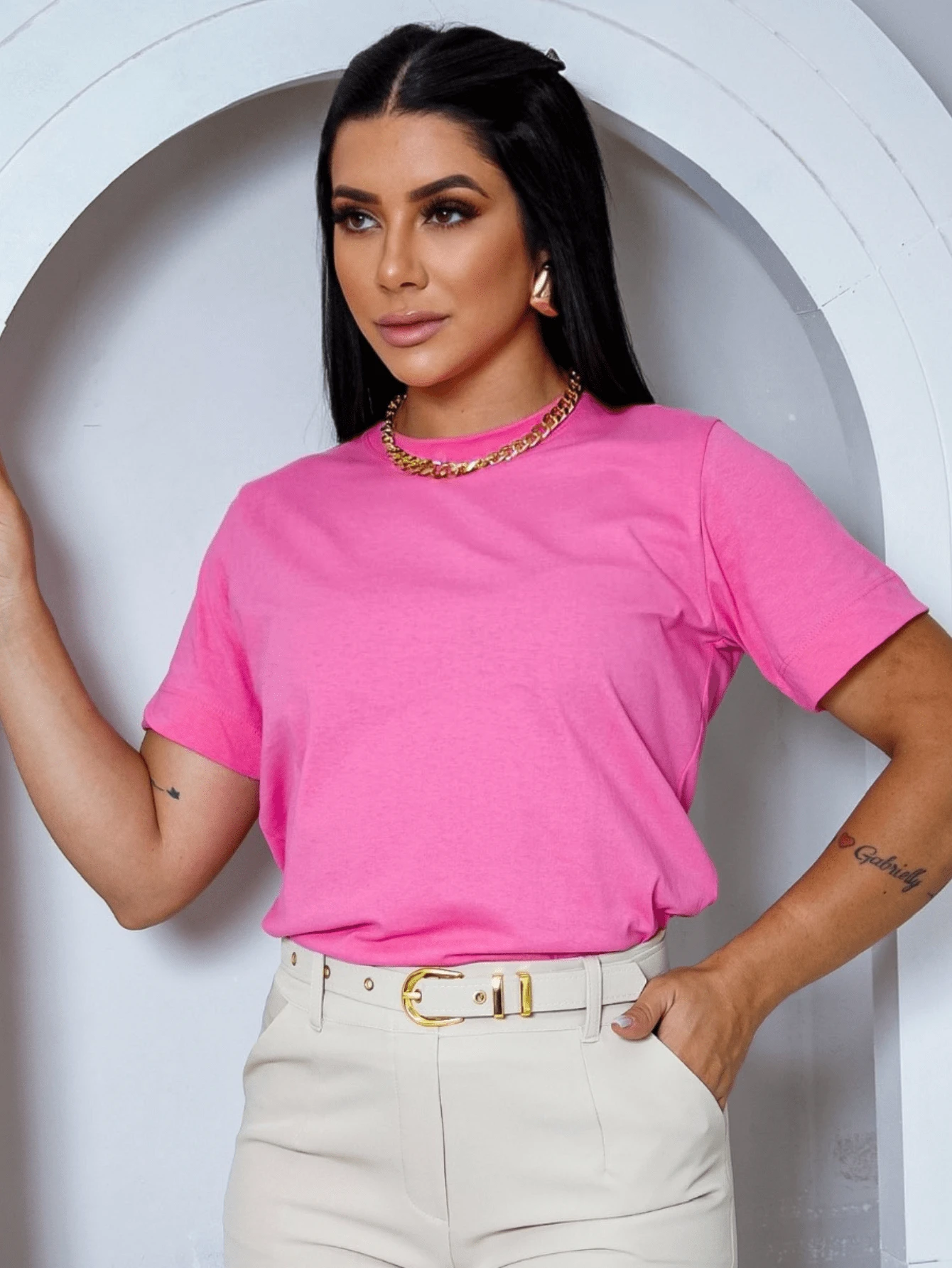 BASIC WOMEN'S ROUND NECK T-SHIRT 100% PREMIUM COTTON - Màu Hồng Tươi - Xem 1