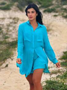 Beach Cover-Up Shirt And Shorts Summer - Blue - View 3