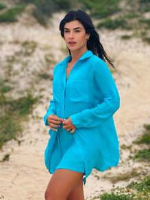 Beach Cover-Up Shirt And Shorts Summer - Blue - View 4