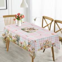 1pc Spring Easter Tablecloth, Blue/Powder Blue, Cute Rabbit, Easter Egg, Floral Print, Simple & Vibrant, Round/Rectangular, Home Tableware, Suitable For Living Room & Kitchen, Holiday Party Decor, Machine Washable