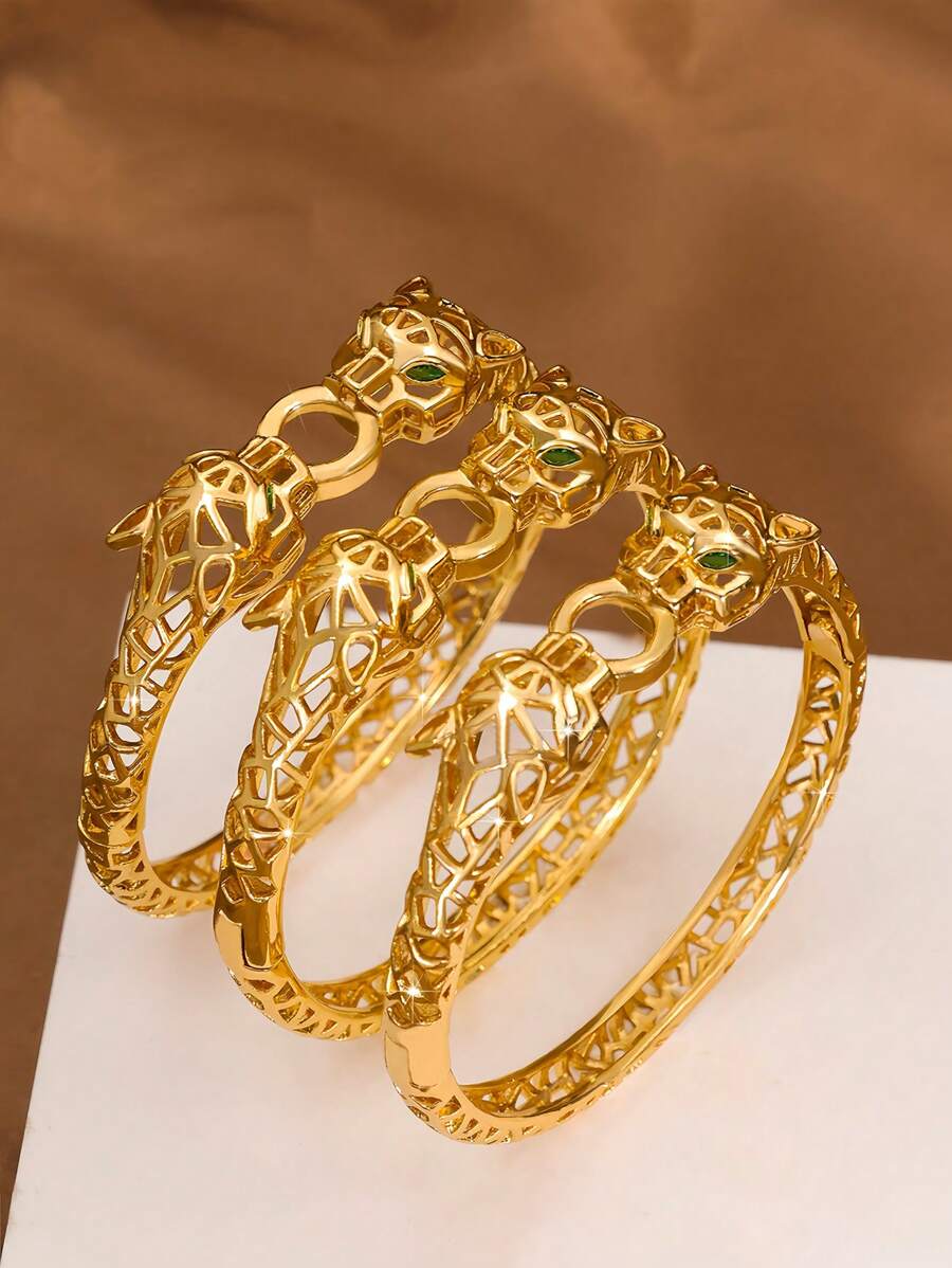 1/2/3 Pcs Fashion Classic Double Leopards Bracelet Plated 24K Gold, 60mm Diameters Open-Ended Leopard Bracelet, Suitable For Women Daily, Excluding Box - Yellow Gold - View 1