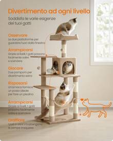 Feandrea Albero per Gatti Alto 143 cm, Tiragraffi per Gatti, con 4 Pali Graffiatoi, 2 Posatoi, 1 Grotta, 1 Amaca, 2 Pompon, in Peluche a più Livelli, Marrone Cammello