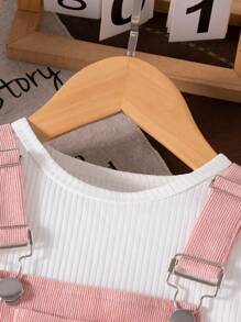 Conjunto de 2 piezas para niñas, con parte superior de manga raglán de unicolor y acanalada, talla grande falda línea A con bolsillo babero - Blanco - Ver 6