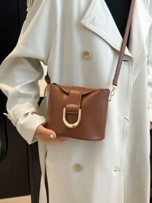 1 件咖啡棕色纯色绗缝 PU 方形闭合手提包，复古风格迷你斜挎包，多功能手机袋，独特设计女士手提包，适合日常使用、办公、约会和礼物 - 咖啡棕 - 查看 2