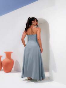 Women's Strapless Dress With Waistband And Slit In Viscose Twill - 淺藍色 - 查看 3