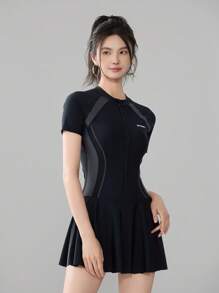 1pc Fashion Letter Print Solid Color Sleeveless Romper Shorts Dress, Sports & Leisure Elastic Slim Flattering For Spring/Summer Beach Pool Party, Swimming, Surfing, Quick Dry Knitted Material Women Swimsuit - Grey - View 8