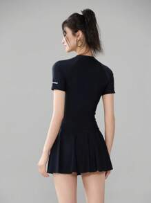 1pc Fashion Letter Print Solid Color Sleeveless Romper Shorts Dress, Sports & Leisure Elastic Slim Flattering For Spring/Summer Beach Pool Party, Swimming, Surfing, Quick Dry Knitted Material Women Swimsuit - Grey - View 10