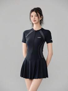 1pc Fashion Letter Print Solid Color Sleeveless Romper Shorts Dress, Sports & Leisure Elastic Slim Flattering For Spring/Summer Beach Pool Party, Swimming, Surfing, Quick Dry Knitted Material Women Swimsuit - Grey - View 4