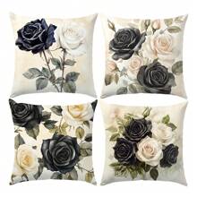 4pcs Vintage Watercolor Black & White Rose Pillow Cover Set, Single-Sided Printed Peach Velvet Material, 45*45/50*50/40*40CM Cushion Cover For Modern Fabric Sofa Indoor Decor, Party Decoration, Gift