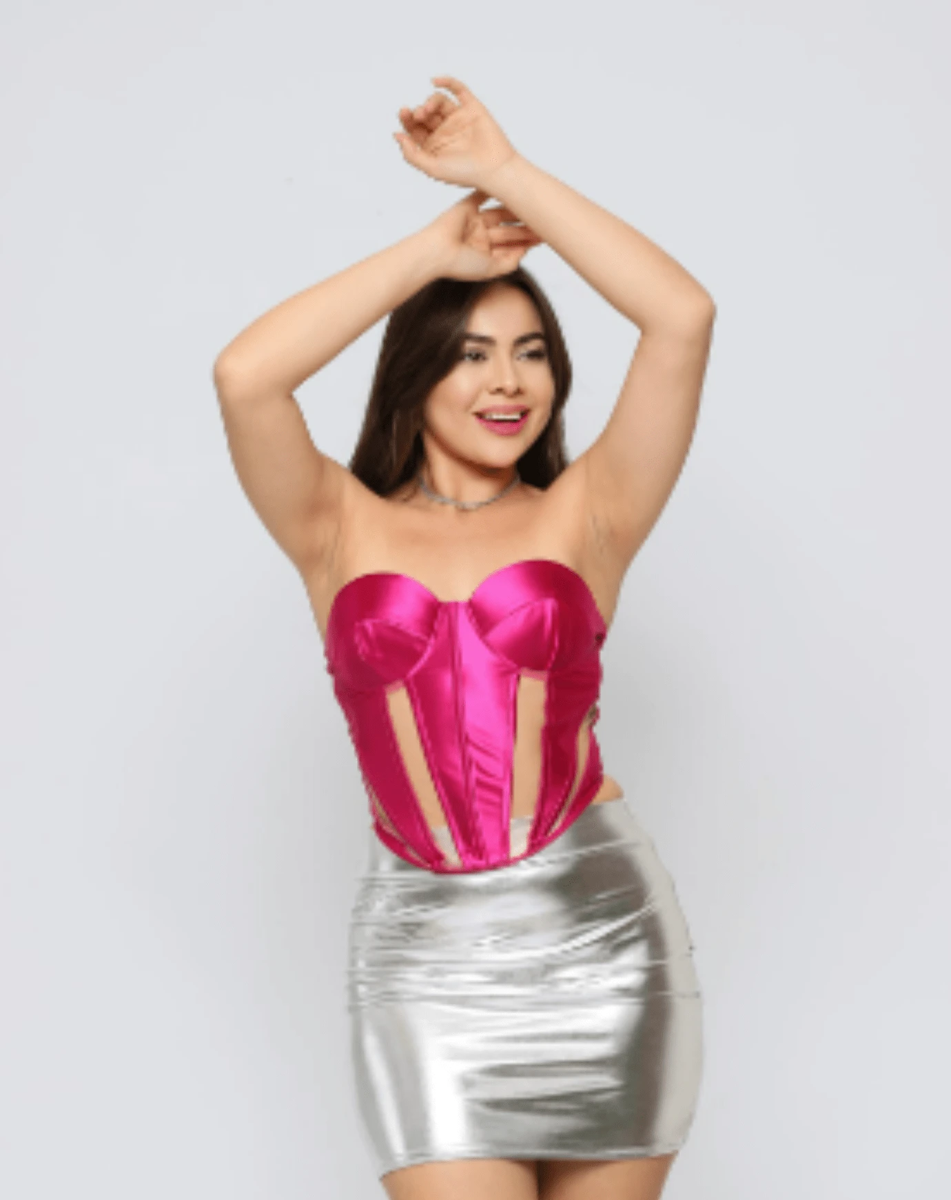 Satin Corset With Tulle. - Màu Hồng Tươi - Xem 1