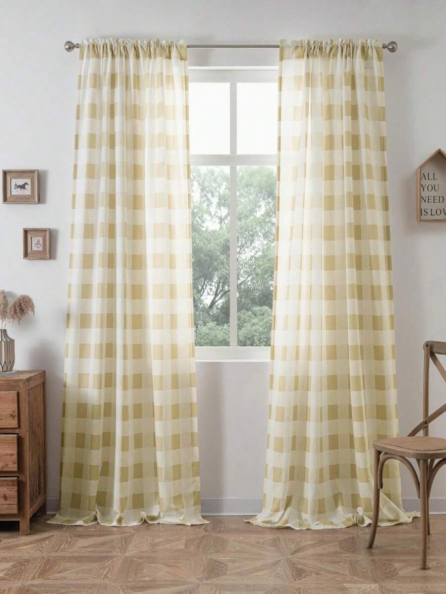 Semi Sheer Buffalo Plaid Check Curtains Rod Pocket Checkered Curtains Farmhouse Window Curtains For Living Room, Bedroom - Taupe - 查看 1