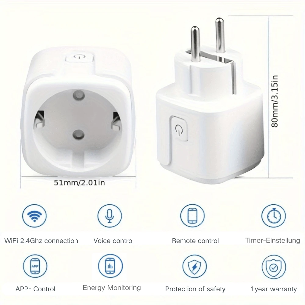2PCS Zigbee Remote Control Mini Radio Socket, Smart Socket Power Monitoring, Voice Control Compatible With Alexa And Devices - EU F Type Plug(220-240V) - View 1