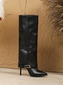 秋冬性感时尚裤装靴子，金属扣装饰，尖头细高跟休闲黑色女士过膝靴，女靴 - 黑色 - 查看 5