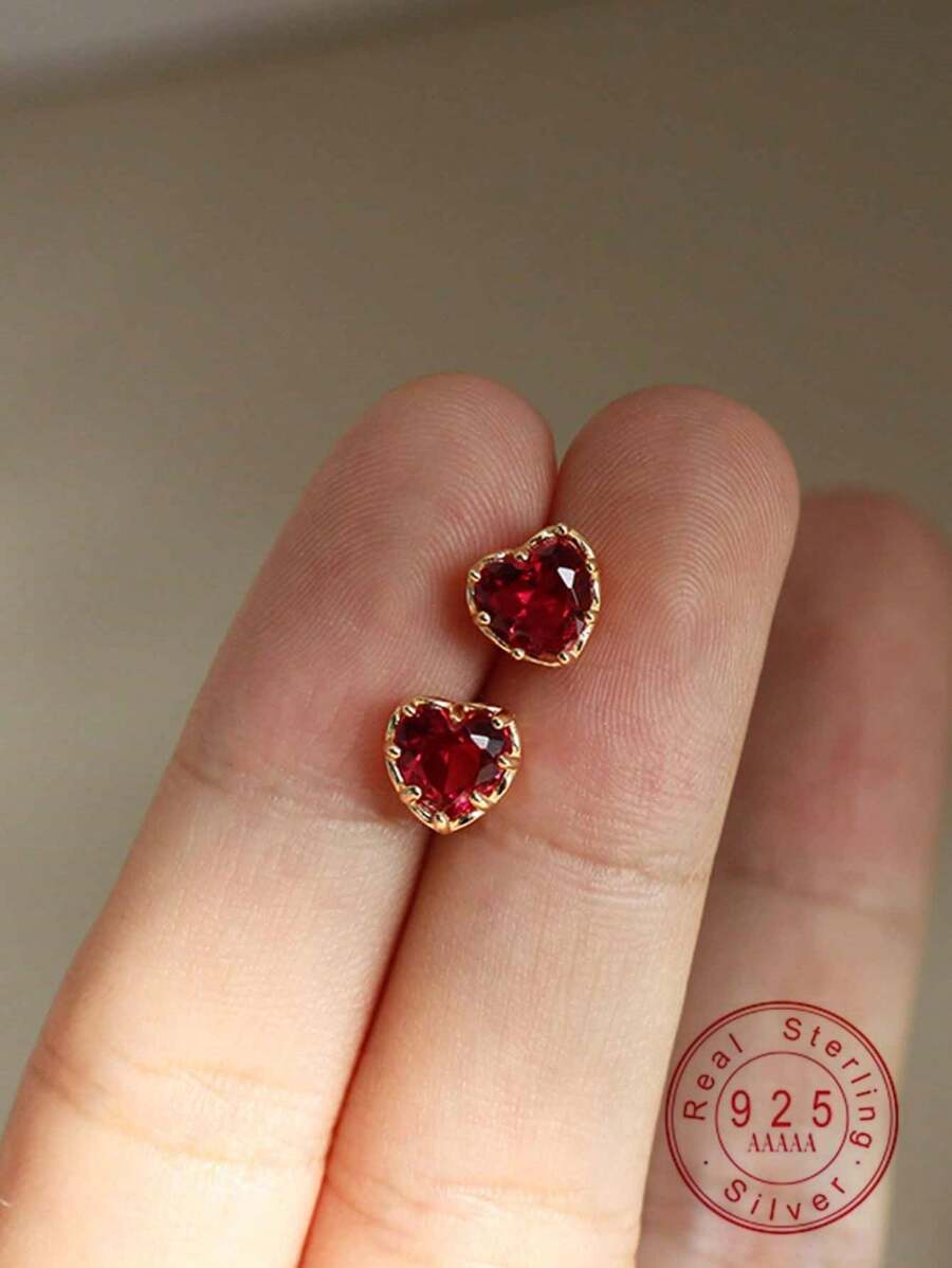 1 Pair S925 Sterling Silver Simple & Elegant Small Red Heart Stud Earrings For Girl