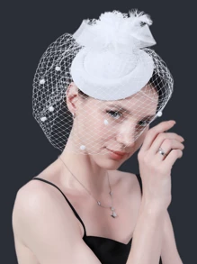 1 件装白色女式迷人帽子 20 年代 50 年代复古药盒帽 肯塔基德比迷人帽子 花朵面纱婚礼茶会帽子 - 白色 - 查看 1