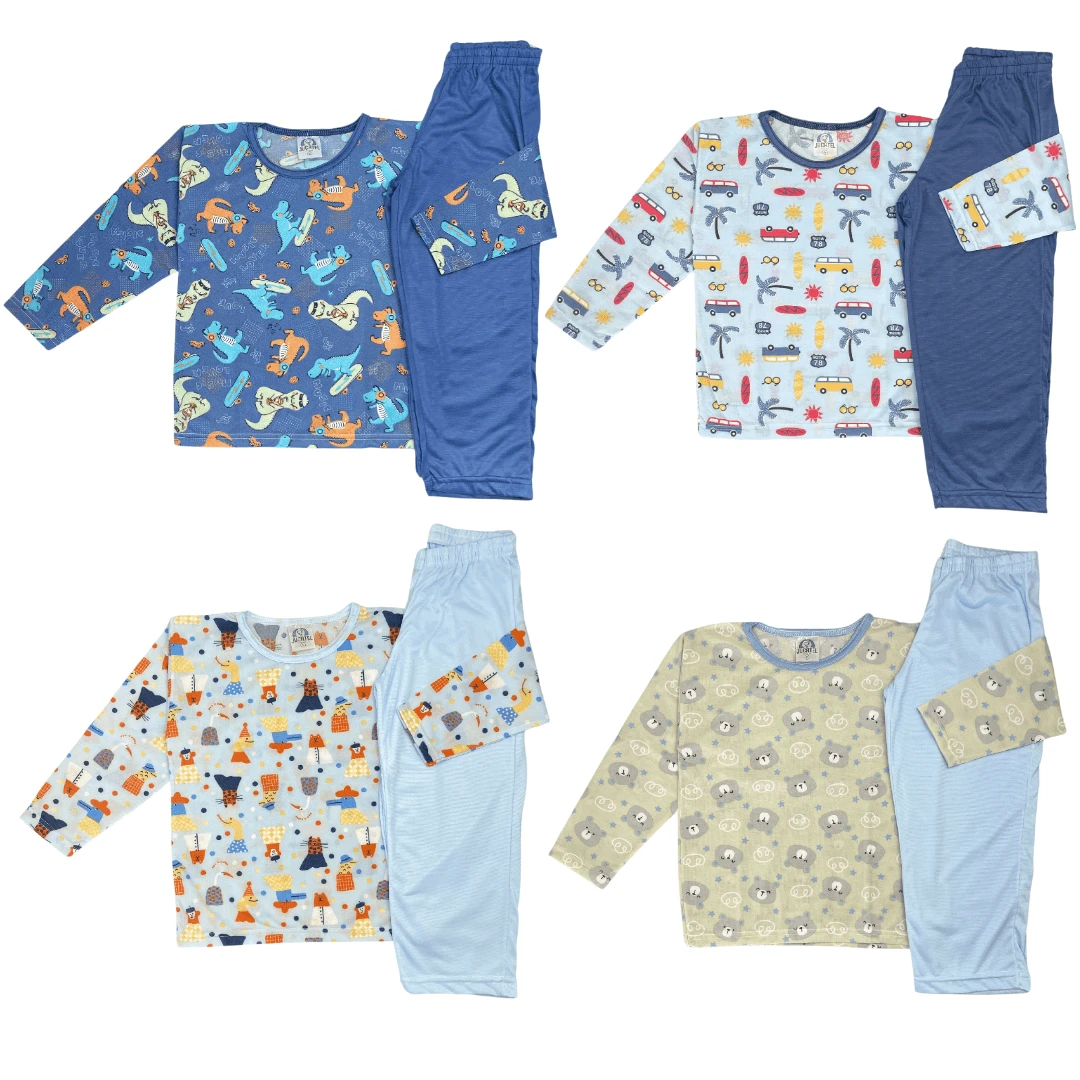 4 Piece Assorted Kit Long Sleeve Pajamas For Boys And Girls (2 Shirts + 2 Pants) - 藍色 - 查看 1