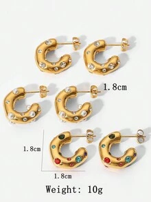 1 Cặp Hoa tai Rhinestone màu sang trọng, Cubic Zirconia kết cấu búa bất đối xứng & Hoa tai hình chữ C trang trí bằng ngọc trai, Quà tặng ngày lễ cho nam và nữ - phong cách ngọc trai - Xem 9