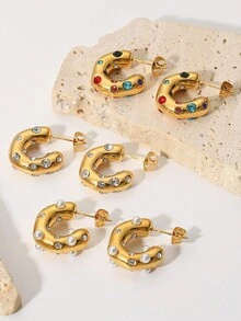 1 Cặp Hoa tai Rhinestone màu sang trọng, Cubic Zirconia kết cấu búa bất đối xứng & Hoa tai hình chữ C trang trí bằng ngọc trai, Quà tặng ngày lễ cho nam và nữ - phong cách ngọc trai - Xem 8