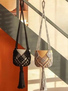 1pc Handmade Rope Tassel Decor Plant Pot Net Pouch, Home Indoor Decoration Plant Hanging Basket - Multicolor - View 3
