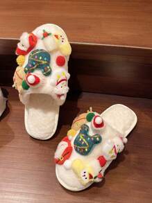 1 双全新可爱圣诞拖鞋，适合女士和青少年，毛绒内衬冬季拖鞋，家庭圣诞风格