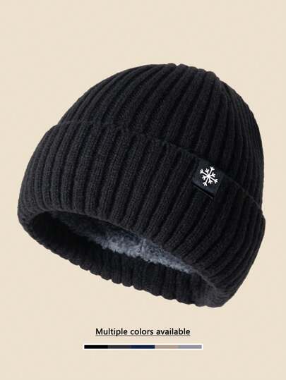 1pc Snowflake Logo Solid Color Knit Beanie Hat, Winter Thermal Lined Thick Warm Soft Simple Style, Suitable For Cold Weather Winter Christmas Hat Men Beanie Ski Hat Fall Outfit