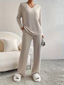 Elegant Women's Loose Knit Suit: V-Neck Top With Utility Pockets And Ribbed Straight Leg Pants, Comfortable Fall And Winter Casual Loungewear Suit - Màu Khaki - Xem 5
