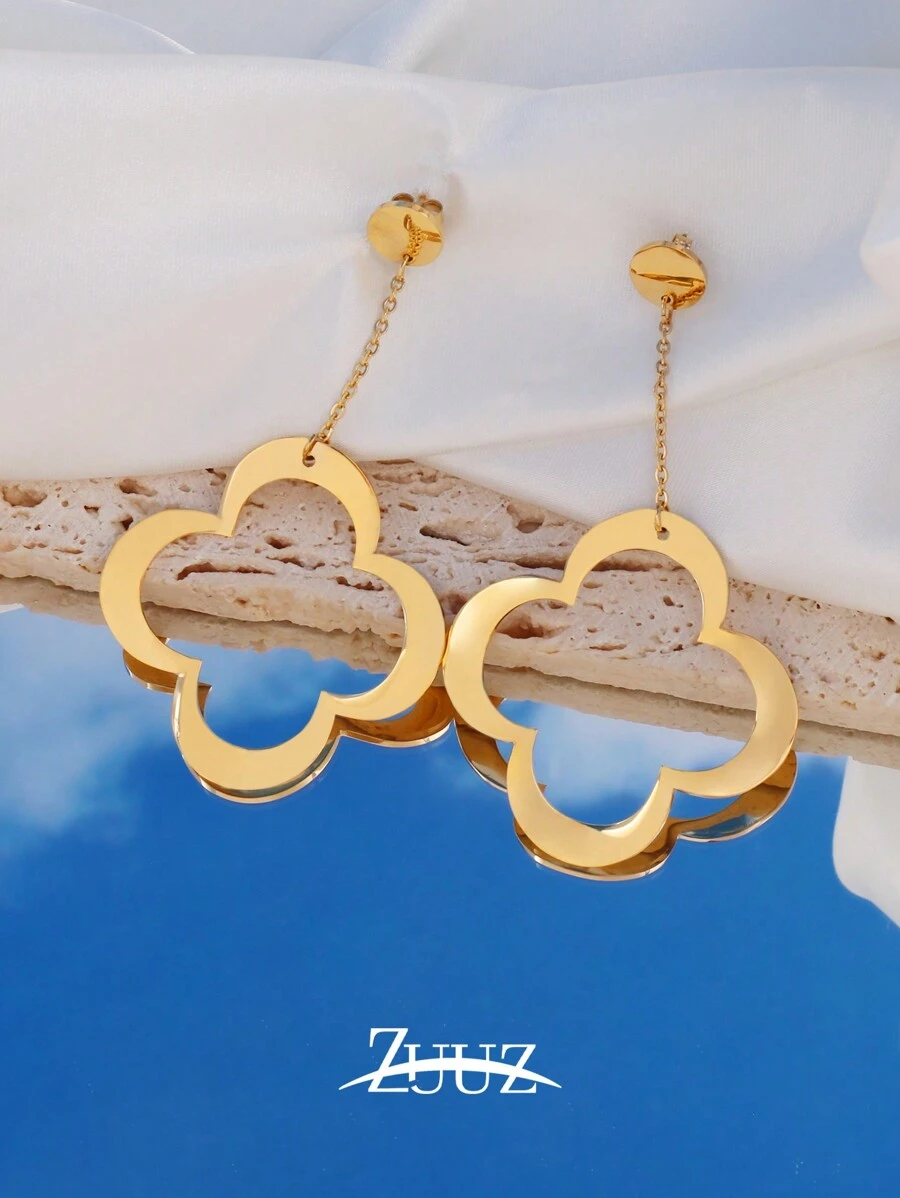 1 对不锈钢耳环简约优雅镂空幸运四叶草吊坠耳环适合特殊场合送给女朋友和母亲 - Stud Earrings - 查看 1