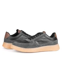 QBEC Men's Genuine Leather Casual Sneakers With Nubuck Detail Quebec Austin Comfortable Modern Versatile Stylish Lace-Up Sneakers - Màu xám đen - Xem 4