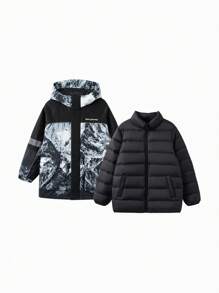 Balabala Tween Boys Long Coat Set Warm 2 Pieces Outerwear For Winter 2024 - Black and White - View 4