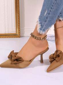 女士纯色蝴蝶结装饰仙女风格尖头高跟凉鞋，独特设计，适合搭配连衣裙，黑色尖头高跟鞋 - 棕色 - 查看 5